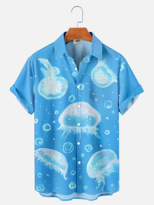 Fydude Men'S Blue Jellyfish Print Short Sleeve Shirt