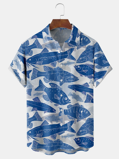 Fydude Fish Chest Pocket Short Sleeve Hawaiian Shirt