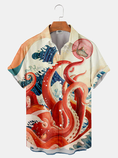 Fydude Men's ukiyo-e octopus print shirt