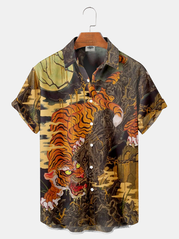 Fydude Men'S Ukiyoe Oriental Tiger Printed Shirt