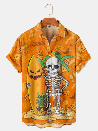 Fydude Men'S Halloween Vacation Skeletons And Surfboards Printed Shirt