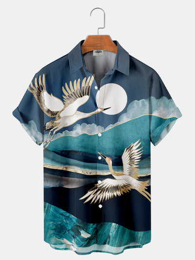 Fydude Men'S Gilded Ukiyo-E Oriental Crane Printed Shirt