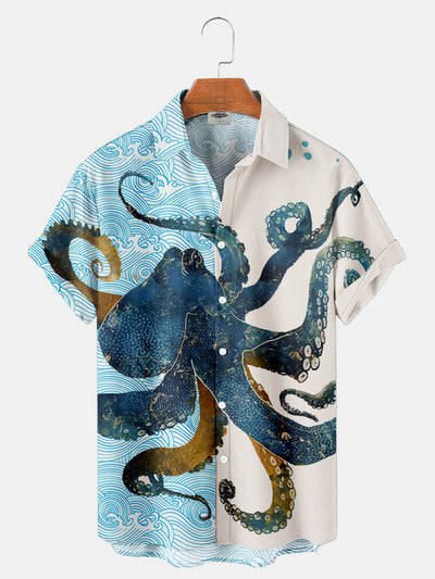 Fydude Men'S Ukiyo-E Oriental Waves And Octopus Printed Shirt