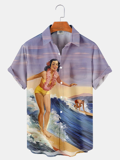 Fydude Men'S Vintage Surfing Hula Girl Poster Printed Shirt