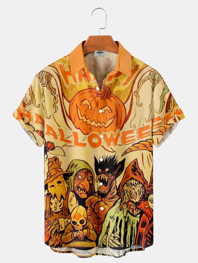Fydude Men'S HAPPY Halloween Pumpkins And Monsters Printed Shirt