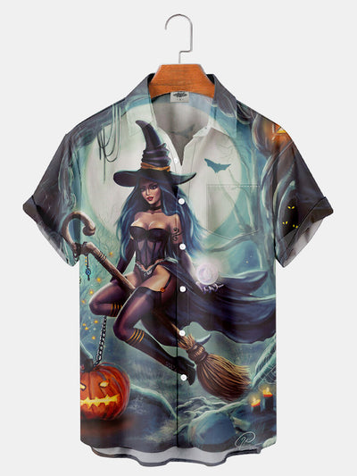 Fydude Men'S Halloween Witch And Pumpkin Printed Shirt