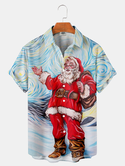 Fydude Men'S Christmas Starry Moon Night Santa Claus Printed Shirt