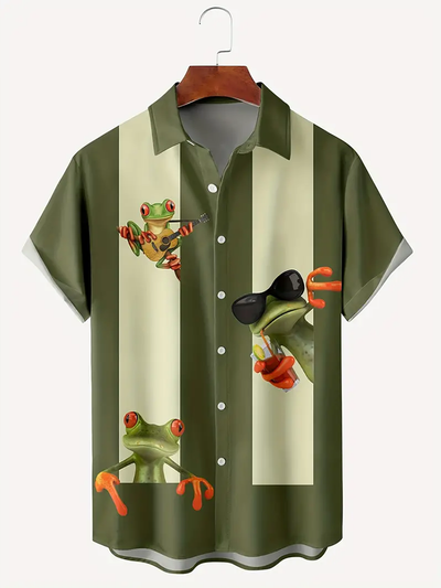 Fydude Men's Frog Print Casual Short Sleeve Shirt