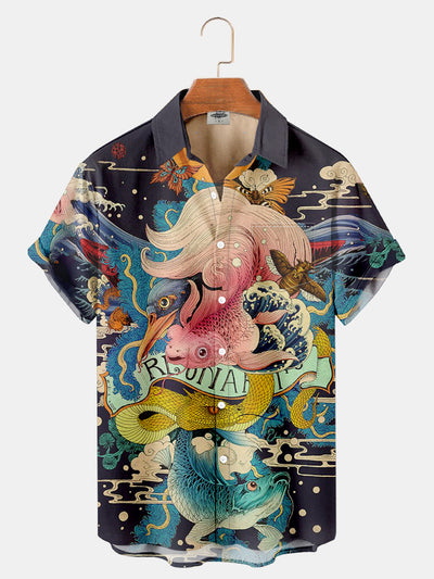 Fydude Men'S Ukiyo-E Sea Waves Sea Creatures Printed Shirt