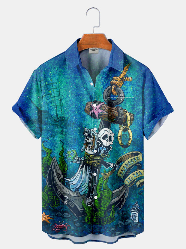 Fydude Men'S Day Of The Dead Sea Anchor Skeleton Printed Shirt