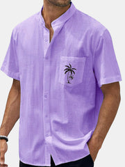 Fydude Men's Solid Color Cotton linen Short Sleeve Shirt