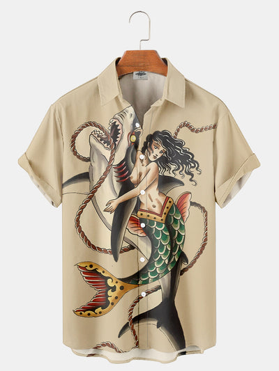 Fydude Men'S Tattoo Retro Shark And Mermaid Printed Shirt