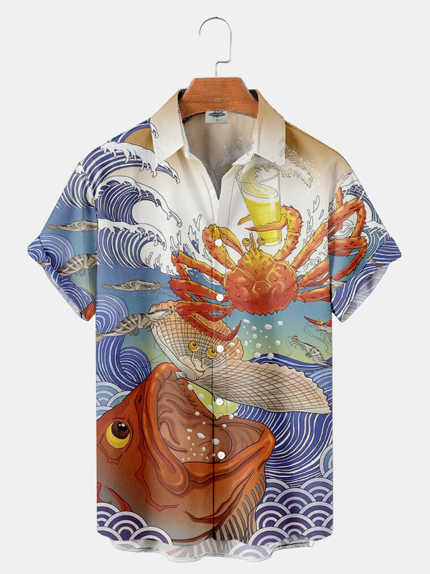 Fydude Men'S Ukiyo-E Waves, Fish, Crabs And Beer Printed Shirt