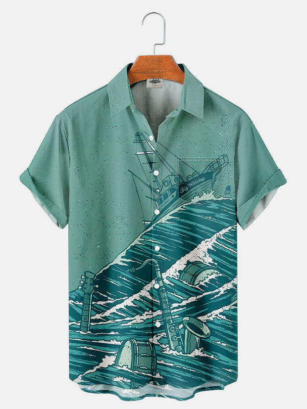 Fydude Men'S Music Musical Instruments In The Waves Printed Shirt