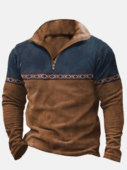Fydude Men'S West Cowboy Color Matching Print Zipper Stand Collar Sweatshirt