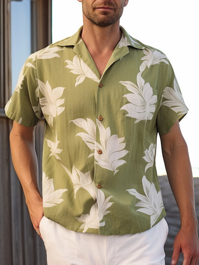 Fydude Men'S Hawaiian Leaf Print Cotton And Linen Shirt
