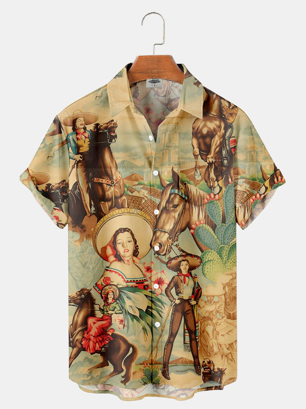 Fydude Men'S Western Cowboy Vintage Pin Up Girl Print Shirt