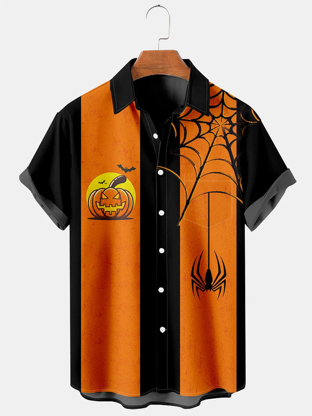 Fydude Men'S Halloween Pumpkin And Spider Printed Shirt