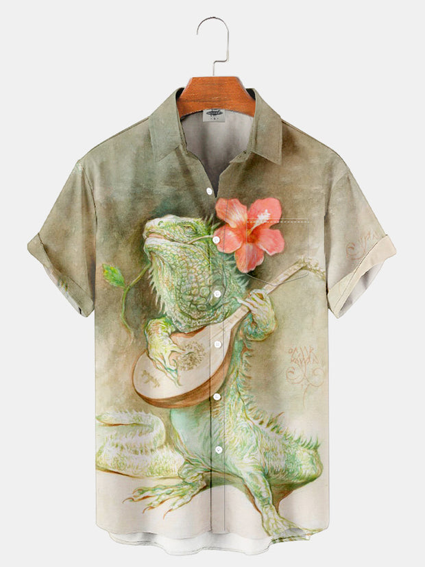 Fydude Men'S Hawaiian Flowers And Lizards And Music Printed Shirt