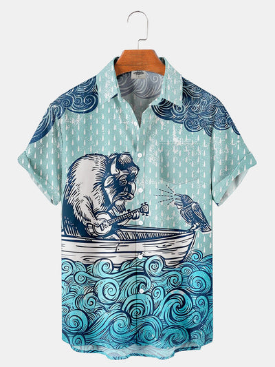 Fydude Men'S Bison And Music Boat In The Waves Printed Shirt