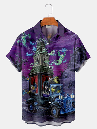 Fydude Men'S Halloween Music Classic Monster And Car Printed Shirt