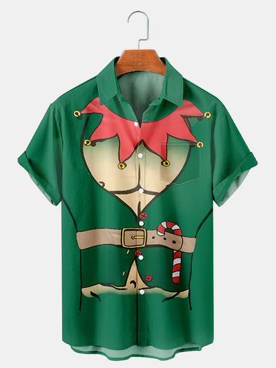 Fydude Men's Christmas Abs Elf Printed Short Sleeve Shirt