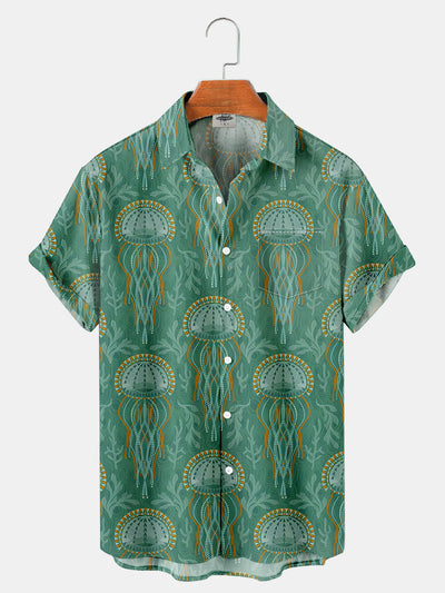 Fydude Men'S Vintage Jellyfish Print Short Sleeve Shirt