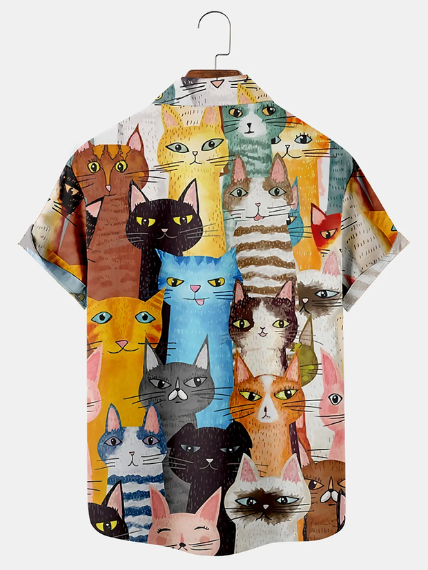 Fydude Men's Fun and Cute Cat Print Pocket Short Sleeve Shirt