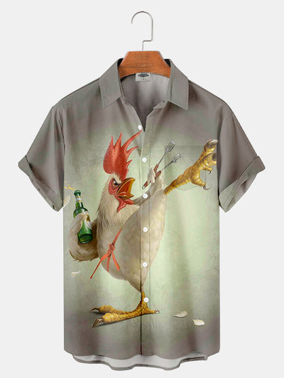 Fydude Men'S Kung Fu Rooster Printed Shirt
