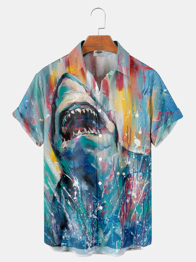 Fydude Men'S Marine Shark Painting Printed Shirt