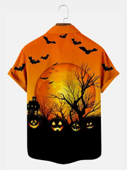 Men's Halloween Moon and Pumpkins Short Sleeve Shirt