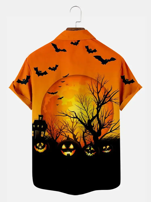 Men's Halloween Moon and Pumpkins Short Sleeve Shirt