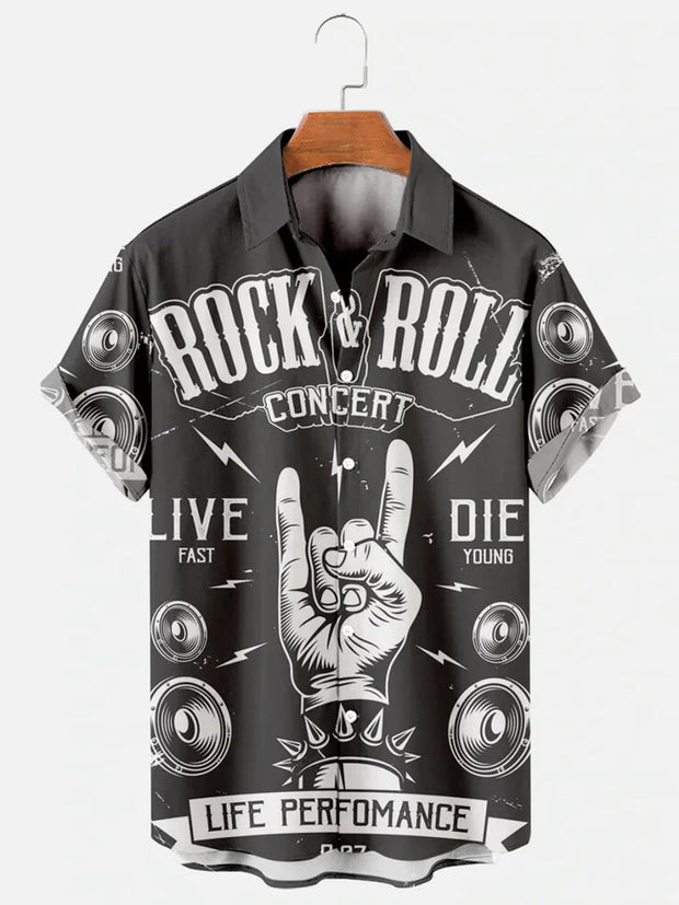Fydude Men'S Casual Music Rock And Roll LIFE PERFOMANCE Printed Shirt