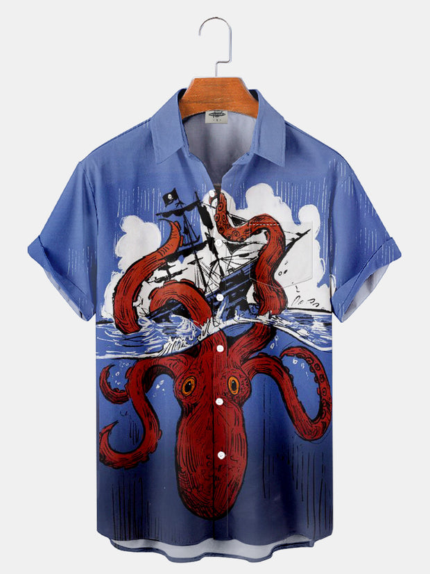 Fydude Men'S Octopus And Sailboat Printed Shirt