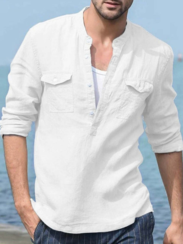 Fydude Men's Casual White Henley Collar Shirt