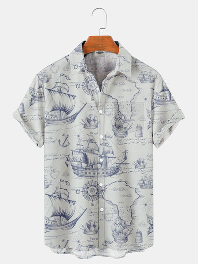 Fydude Men'S Map Ship Anchor Line Draft Printed Shirt