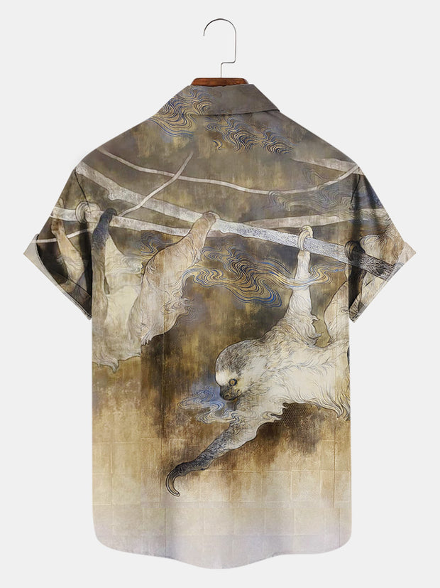 Fydude Men'S Ukiyoe Sloth Printed Shirt