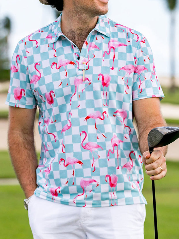 Men'S Plaid Flamingo Print Sports Polo Shirt