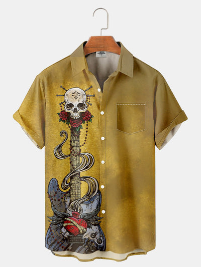 Fydude Men'S Skeleton Guitar Day Of The Dead Halloween Printed Shirt