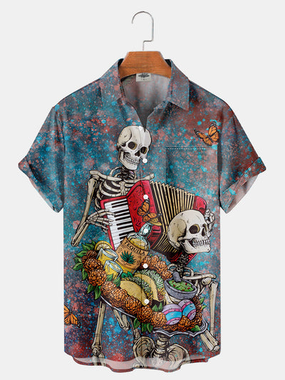 Fydude Men'S Skeleton Music Day Of The Dead Halloween Printed Shirt