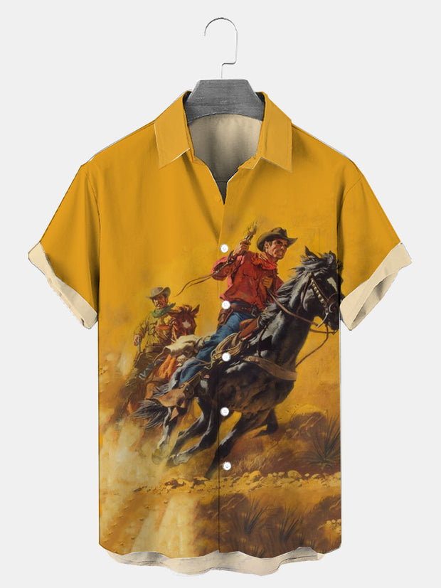 Fydude Men's Western cowboy Print Shirt