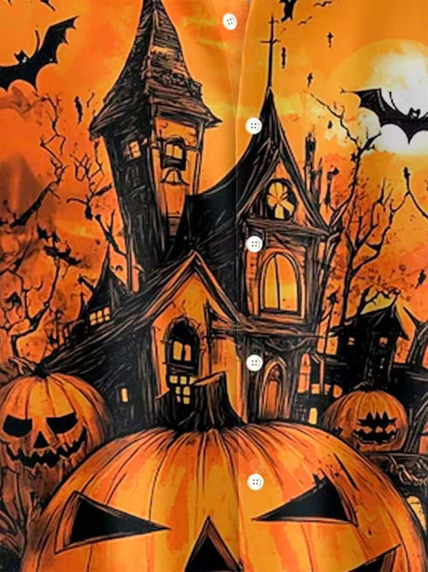Vintage Halloween Pumpkin Castle Print Men's Button Pocket Long Sleeve Lapel Shirt Big & Tall