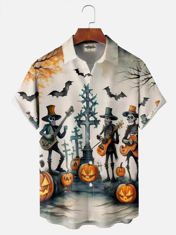 Retro Halloween Skull Pumpkin Print Men's Button Pocket Short Sleeve Shirt Big & Tall