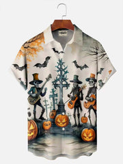Retro Halloween Skull Pumpkin Print Men's Button Pocket Short Sleeve Shirt Big & Tall