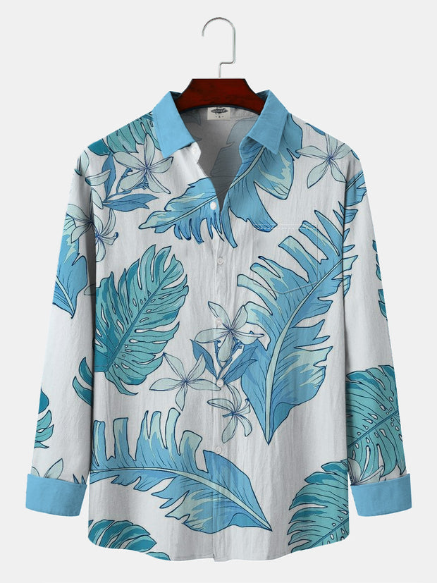 Fydude Men'S hawaiian leaves Print Cotton Linen Long Sleeves Shirt