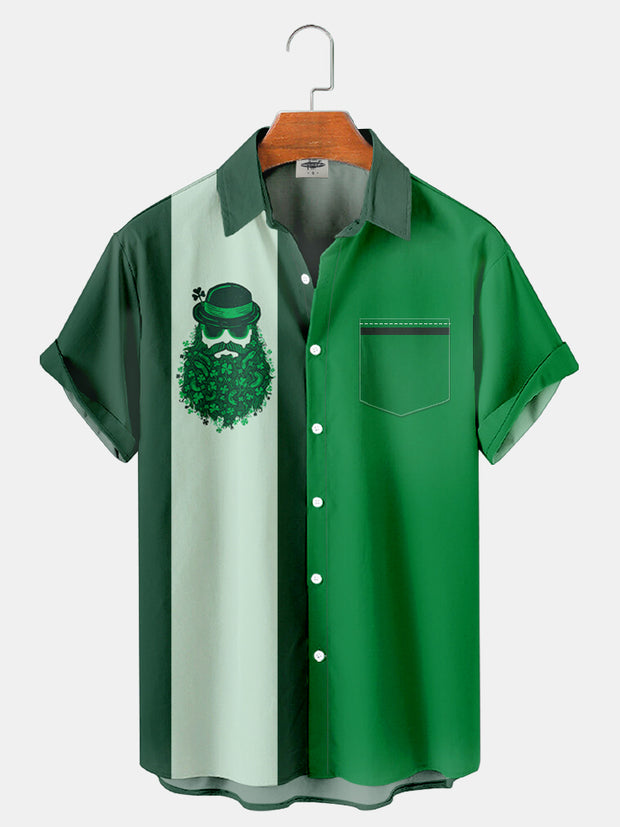 Fydude Men'S St. Patrick'S Day Clover Bearded Print Short Sleeve Shirt
