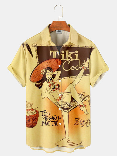 Fydude Men'S Hawaii Hula Girl Tiki Cocktail Printed Shirt