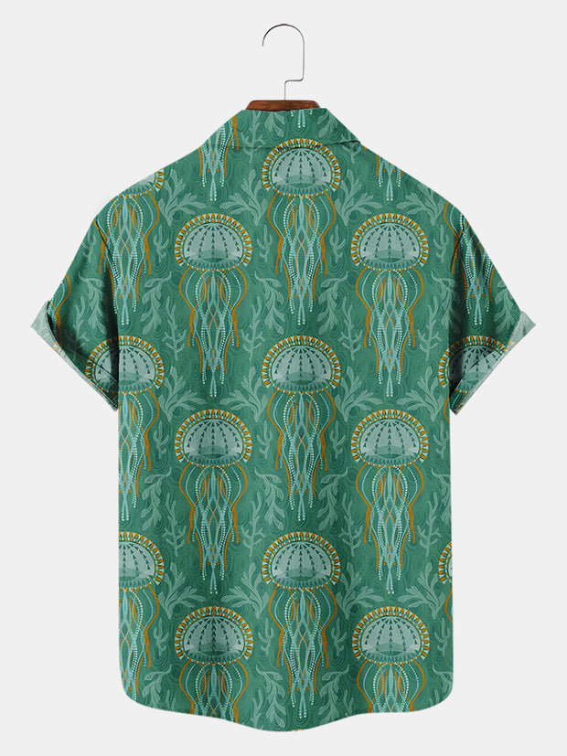Fydude Men'S Vintage Jellyfish Print Short Sleeve Shirt