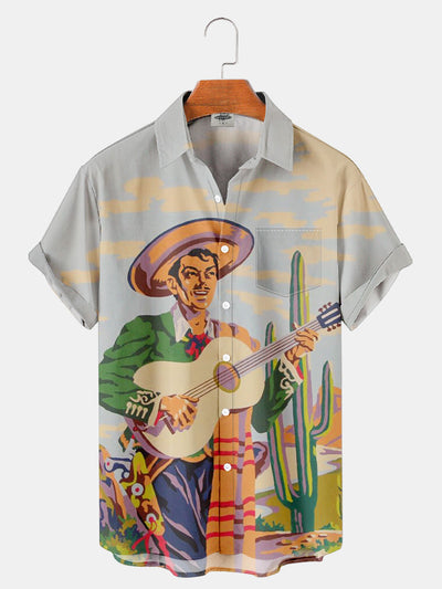 Fydude Men'S West Cowboy In Hat Playing Guitar Printed Shirt