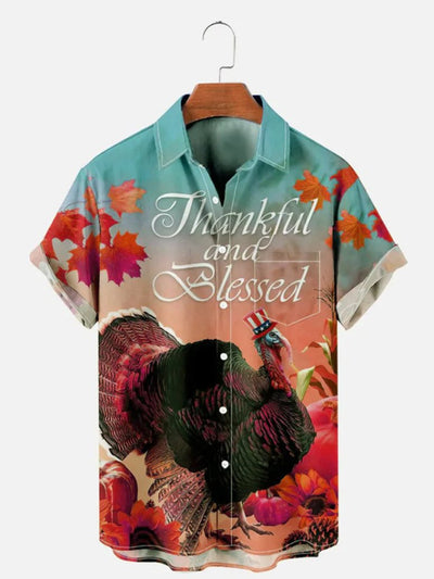 Fydude Men'S Thanksgiving Turkey Thanksful And Blessed Printed Shirt